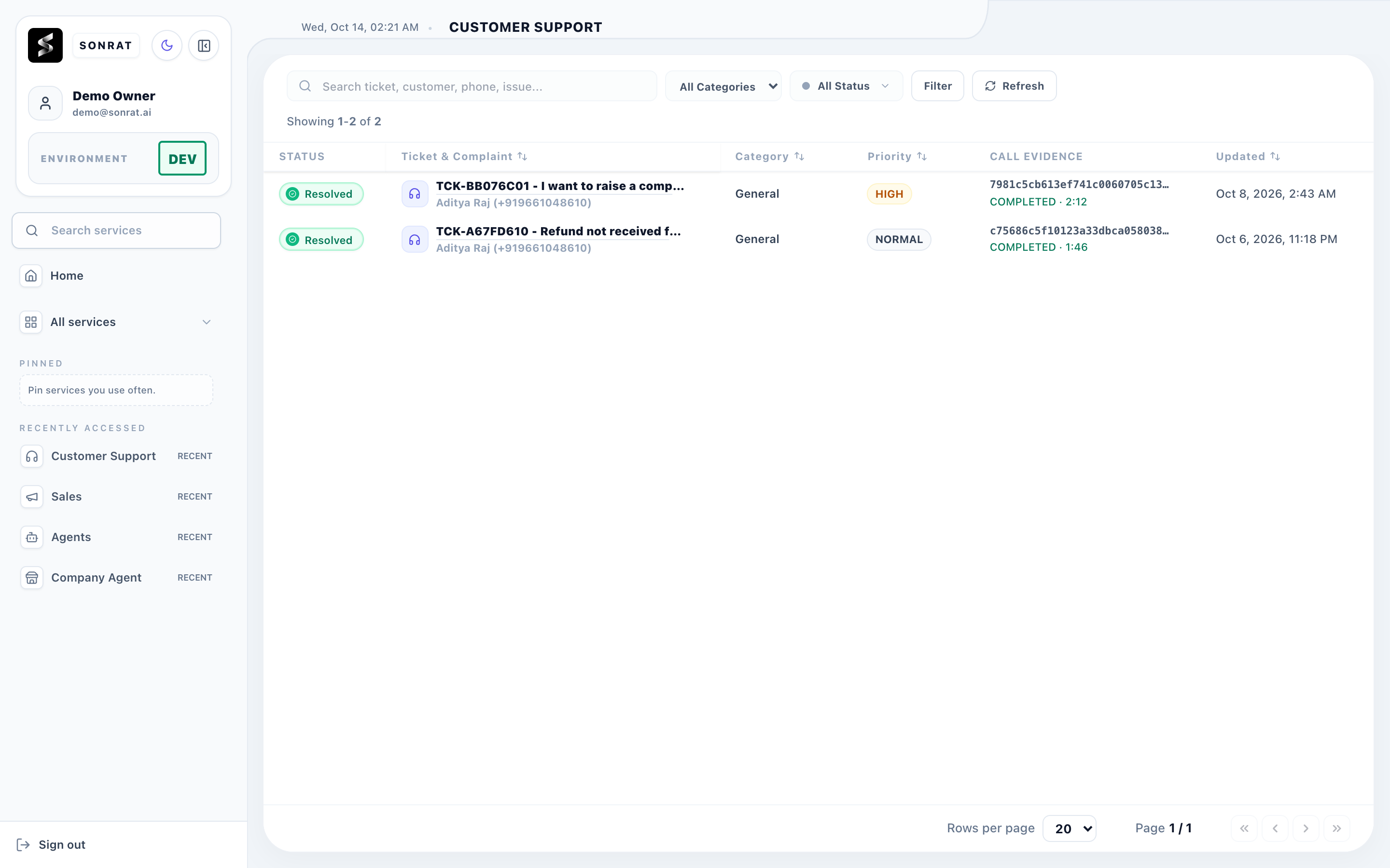 Automated complaint resolution and instant ticket creation. real dashboard screenshot