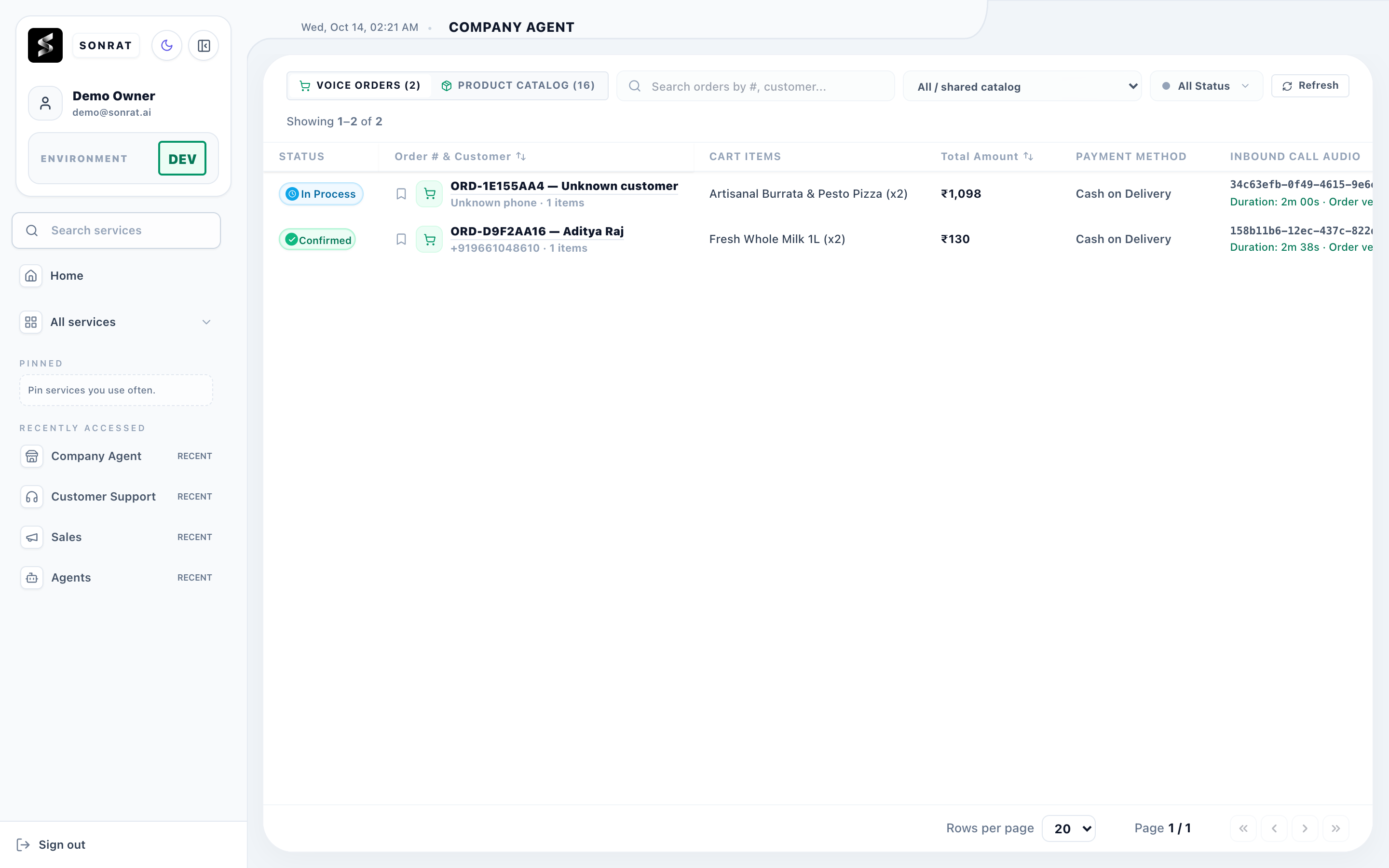 Conversational phone ordering with instant catalog sync. real dashboard screenshot